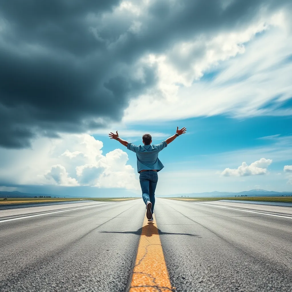 An entrepreneur running confidently towards a bright, open runway with their arms outstretched, symbolizing their progress. In the background, a cloudy and stormy sky fades into a clear blue sky, representing the transformation from roadblock to runway.