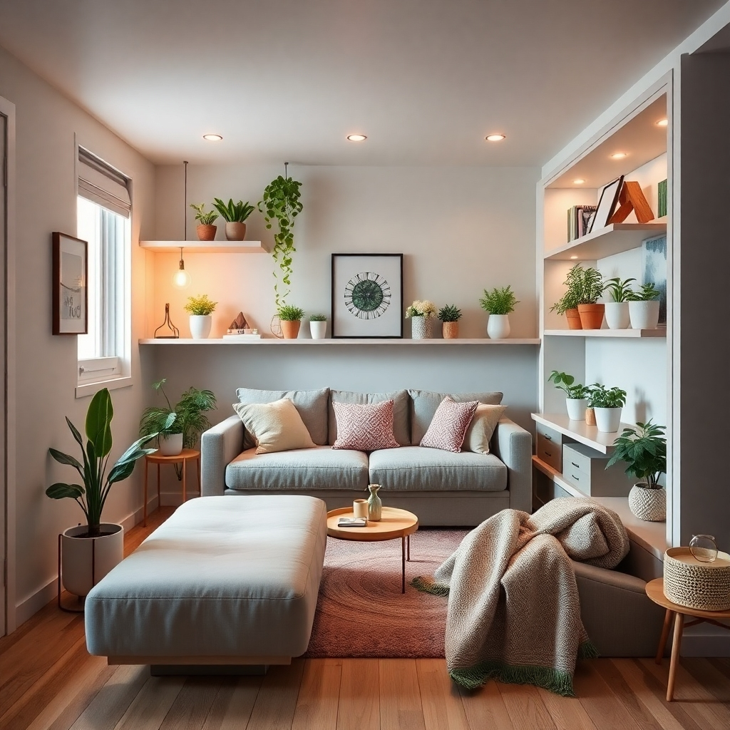 A stylized image of a small living space transformed into an efficient and cozy environment. The composition creatively shows multi-functional furniture like a sofa bed and built-in shelves filled with plants and decorative items. Soothing colors dominate the palette, promoting a sense of relaxation, with soft lighting enhancing the inviting atmosphere. The camera angle provides a wide view, showcasing the clever arrangement and design details, inviting viewers to imagine their own space. Captured in 4K resolution, the image should highlight innovation and comfort.
