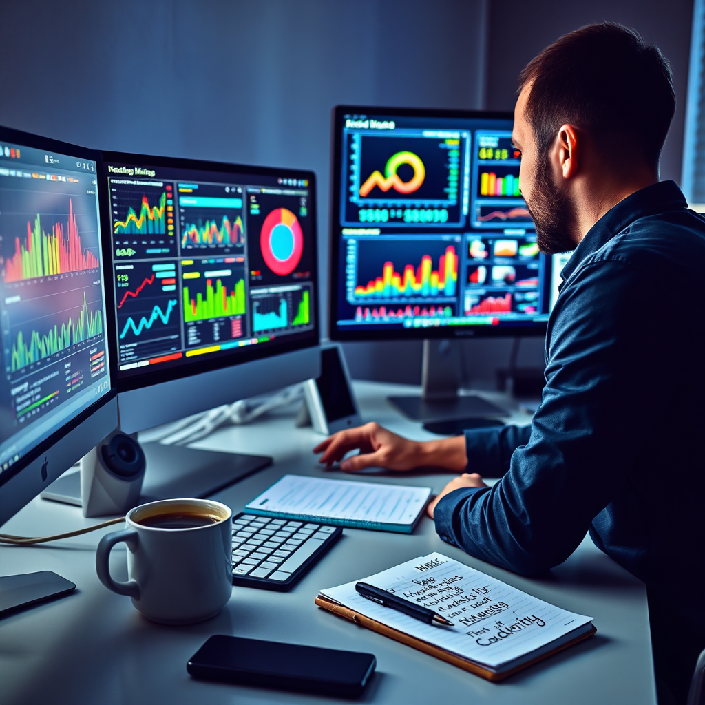 Compose a stylized image showing a digital marketing professional analyzing social media metrics on multiple screens at their workspace. The screens should show colorful diagrams and data analytics. The lighting should be bright with a focus on the radiant colors of the displayed data. Include a cup of coffee and a notepad with marketing ideas on the desk to create a relatable, productive atmosphere. Use a slightly elevated camera angle to showcase the entire setup, capturing the texture of modern equipment in high definition.