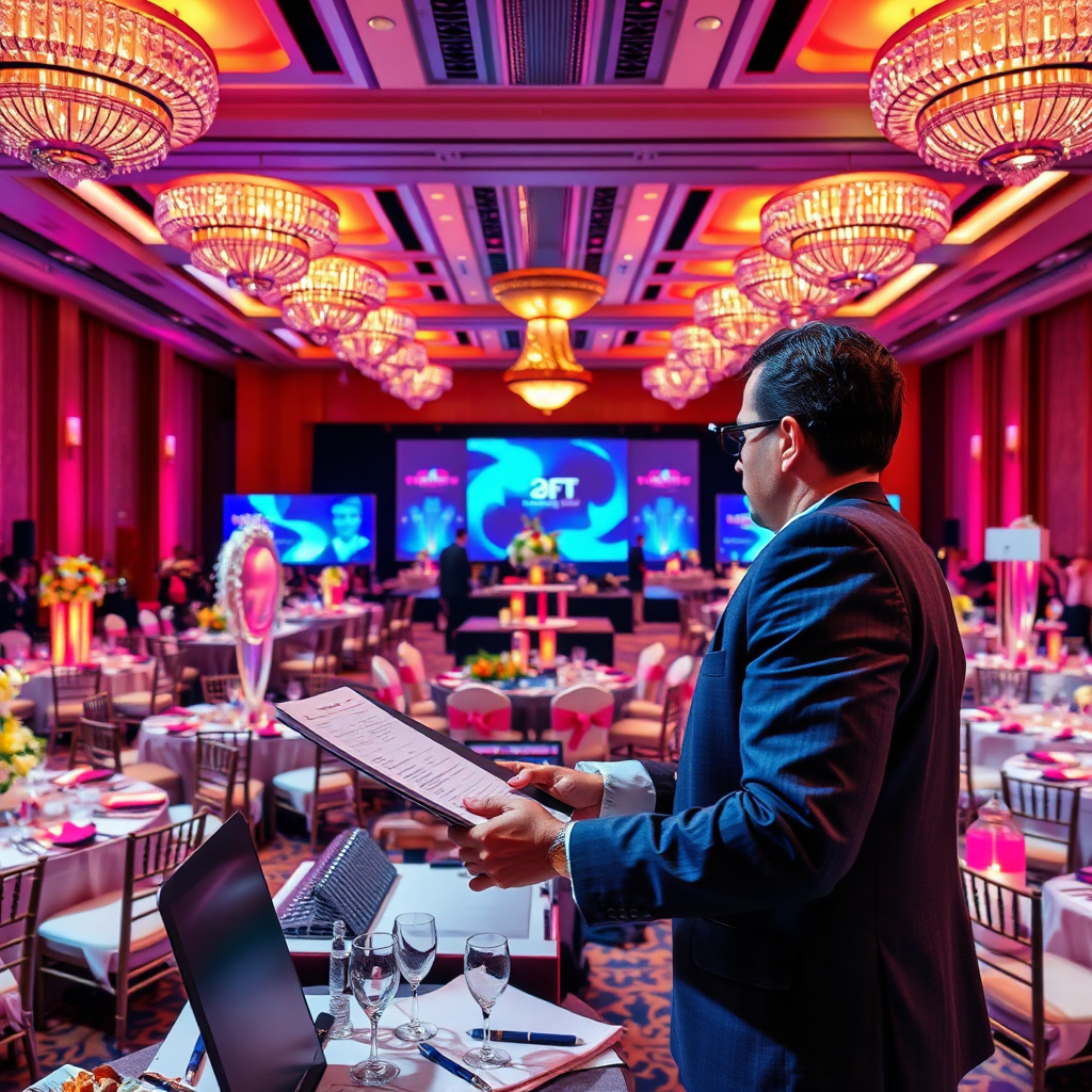Create a lively image of an event planner coordinating logistics for a large corporate event. The scene should depict numerous elements such as seating arrangements, catering setups, and decorations being managed. Use vibrant colors and dynamic lighting to reflect the excitement of event planning. Capture the image from a perspective that highlights the planner's multitasking efforts and various event aspects, ensuring every detail is visible in high resolution.