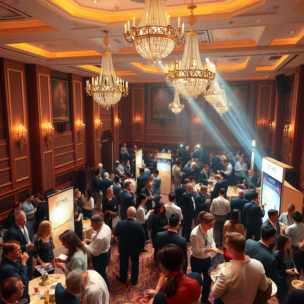 Create a photorealistic image depicting an elegant corporate event with attendees networking in a beautifully decorated venue. Include aspects like chandeliers, branding displays, and people engaged in conversations. The lighting should be warm and inviting, creating a festive atmosphere. Capture the scene from an elevated angle to highlight the layout and details of the event space, ensuring that every element, from decorations to the attire of guests, is shown in stunning high resolution.