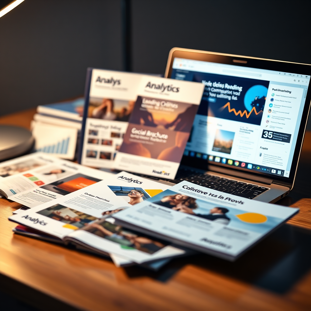 Generate a stylized image showcasing different types of communication supports like brochures, social media posts, and digital ads. Arrange them creatively on a desk with a laptop in the background displaying analytics metrics. Soft evening light should create a warm and engaging atmosphere, with a focus on the colors and textures of the printed materials. A shallow depth of field will draw attention to the leading brochures, emphasizing their design. Ensure the image quality is high enough to capture the details of each support in bright, inviting colors.