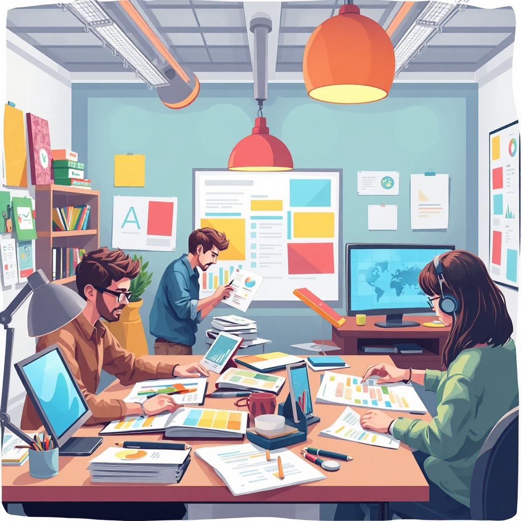 Illustrate a creative workspace where graphic designers are actively working on various types of communication materials like brochures and digital ads. The setting should be colorful and lively, showcasing diverse design tools and technologies. Use bright lighting to enhance creativity and motivation in the atmosphere. Capture this in high resolution, focusing on texture details of the design materials and the intensity of the designers' efforts.