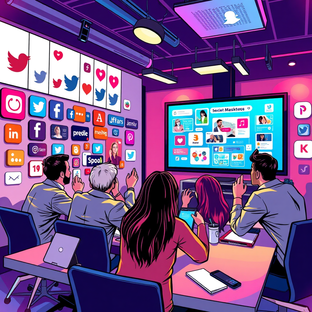 Illustrate a vibrant scene where a marketing team is strategizing social media posts with engaging visuals on a large screen. The room should be adorned with social media logos and marketing materials. The lighting must be dynamic and colorful to reflect the energy of social platforms. Use a camera angle that captures both the team in action and the screen, focusing on their engagement and excitement as they share ideas and insights. Capture this high-quality image in a lively yet professional environment.