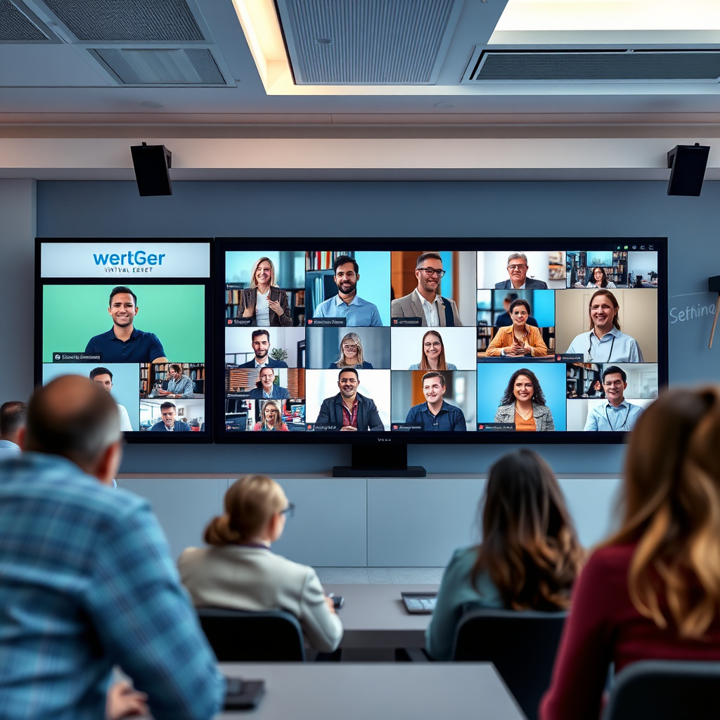 Imagine a lively virtual event scene where a diverse group of participants is engaging in discussions via video conferencing on their screens. The background should reflect a professional virtual setting with branding elements visible. Use a cool color palette to give a modern feel, while soft lighting enhances the focus on the screens. A front-facing camera angle should emphasize the interaction among participants, ensuring every detail is high-resolution and showcases an engaging virtual atmosphere.