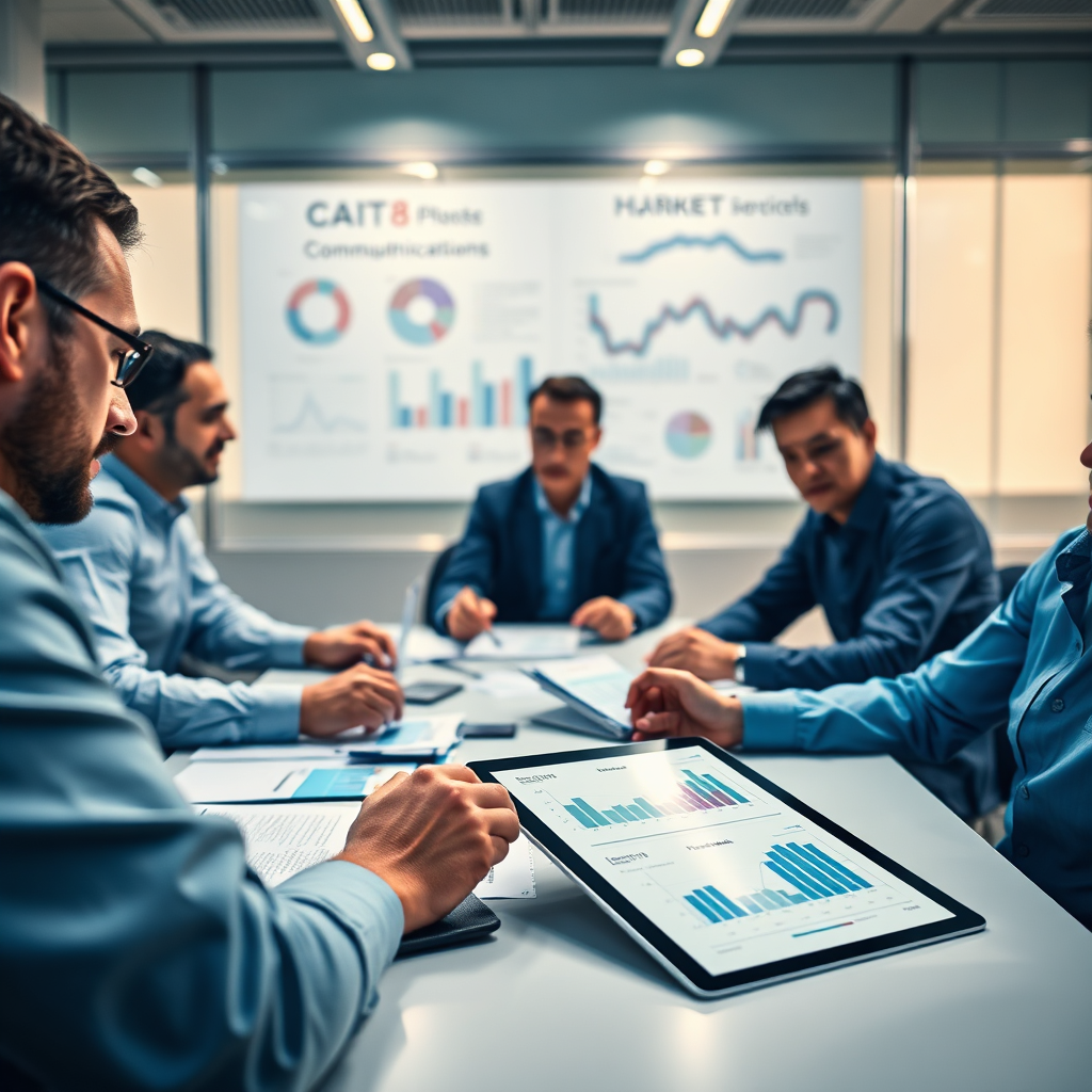 Imagine a photorealistic image of a team analyzing data reports and feedback on communication materials. The scene should depict a close-up view on a conference table with laptops, data sheets, and a digital tablet open, showing graphs. Bright, focused lighting should enhance the critical nature of their discussions, with a color palette that includes blues and whites for a clean, professional look. The camera angle should capture the intensity of their focus, ensuring that every detail of the data on the screen is clear and engaging, crafted in high resolution.