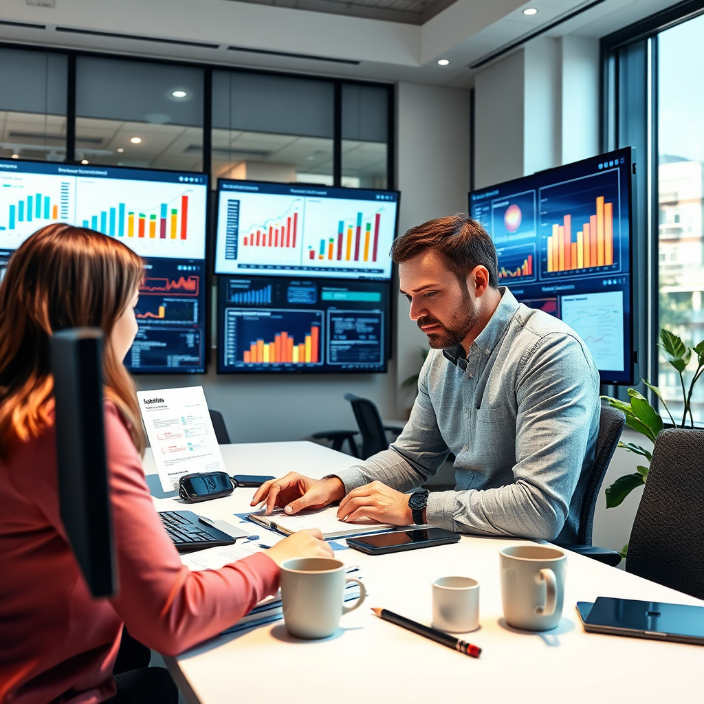 Visualize a marketing strategist analyzing data and brainstorming ideas in a modern office environment filled with charts and marketing analytics on large screens. Use bright, engaging colors to reflect an innovative atmosphere, with details like notebooks, coffee cups, and advanced tech devices. Ensure a clear focus in the image capturing the strategist's concentration, crafted in high resolution to showcase all the intricate details of the workspace.