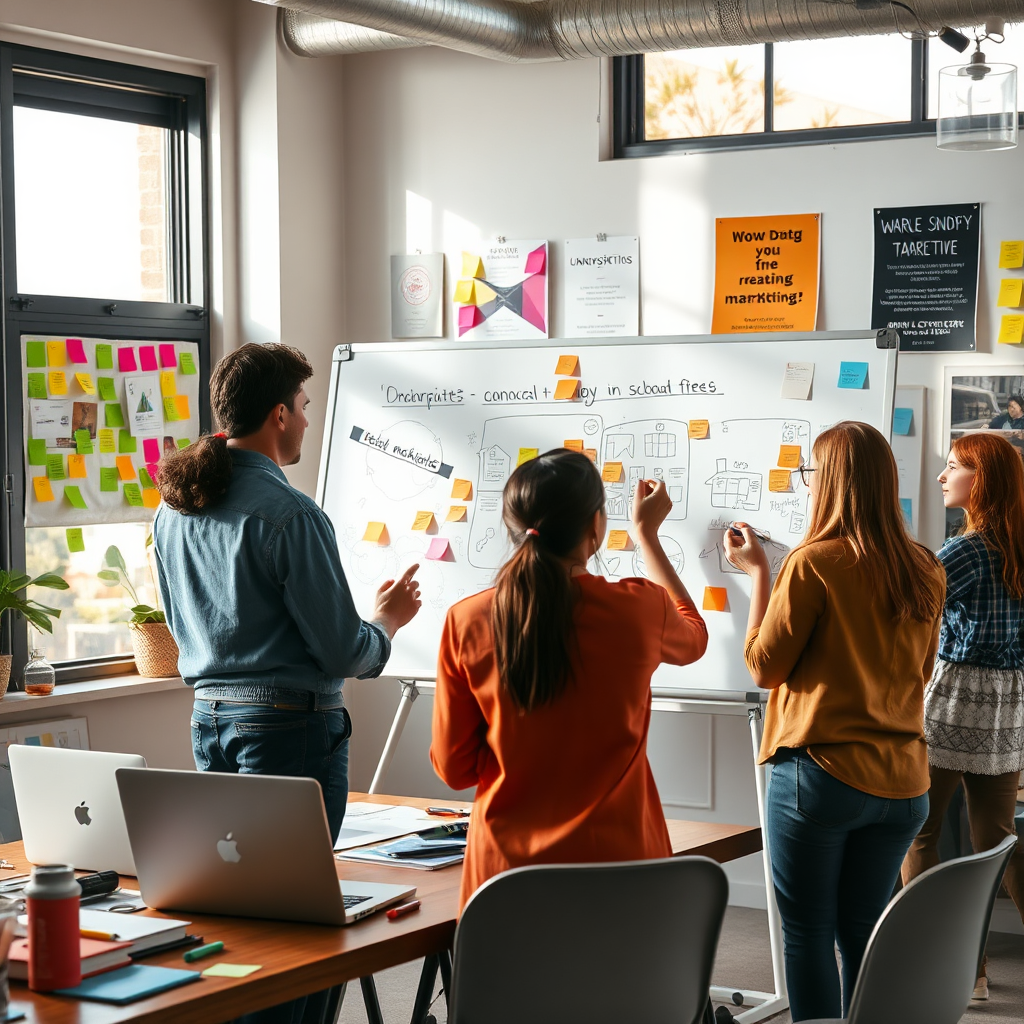 Visualize a photorealistic image of a creative brainstorming session, where diverse team members are sketching ideas on a large whiteboard. The setting should be a vibrant conference room filled with colorful sticky notes and marketing materials. Natural light streaming through windows should illuminate the scene, creating an energizing ambiance. Include details such as laptops, art supplies, and inspirational posters. The camera should focus on the interaction among team members, highlighting their enthusiasm and collaboration, captured in high-resolution to detail every texture and color.