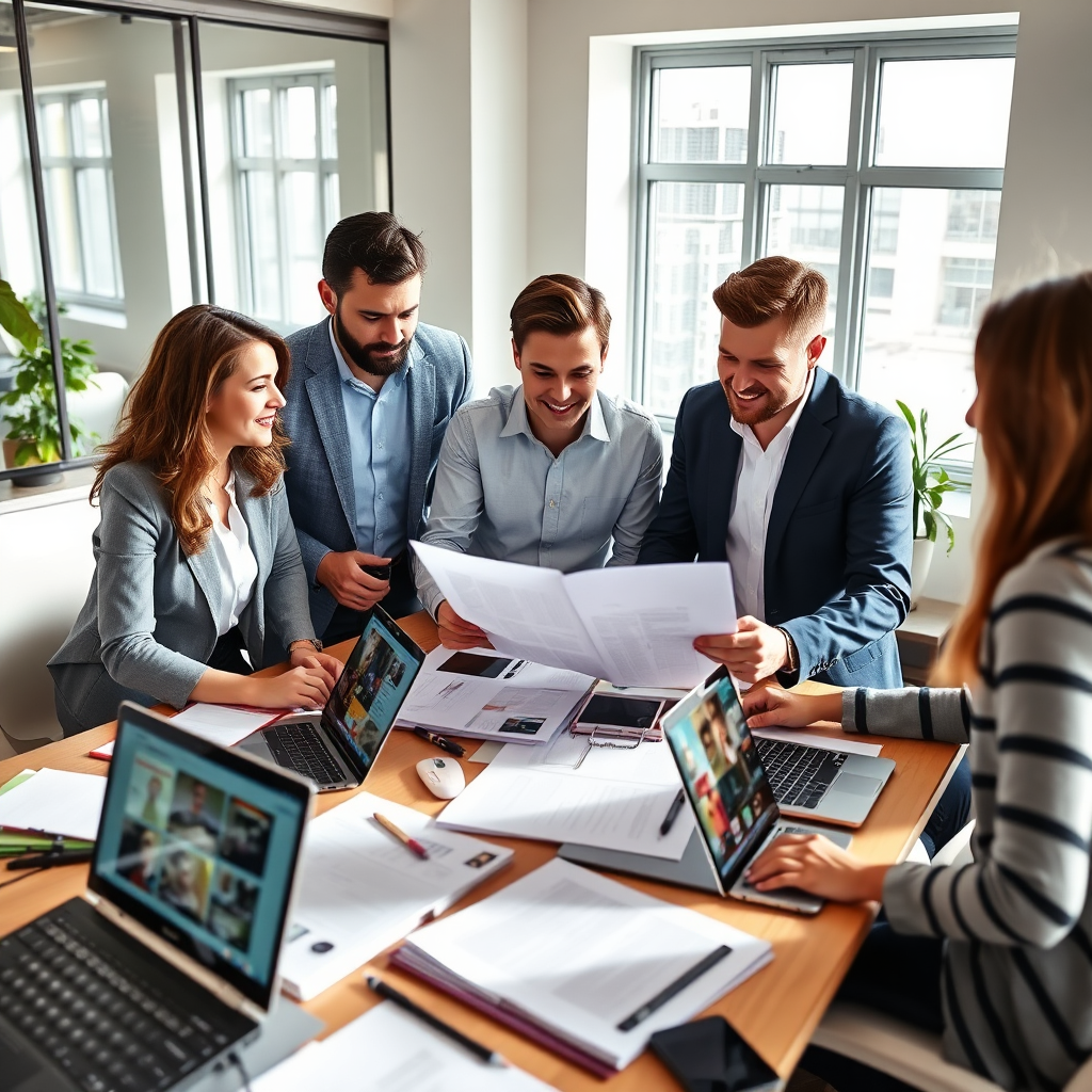 Visualize a professional PR team preparing a press release in a bright, modern office setting. The scene should include team members discussing strategies over a table filled with media kits and laptops displaying content. Utilize natural light to create a productive environment, focusing on their expressions of determination and collaboration. A medium camera angle should help convey the advanced technologies they’re using, producing a high-quality image that emphasizes detail and teamwork.