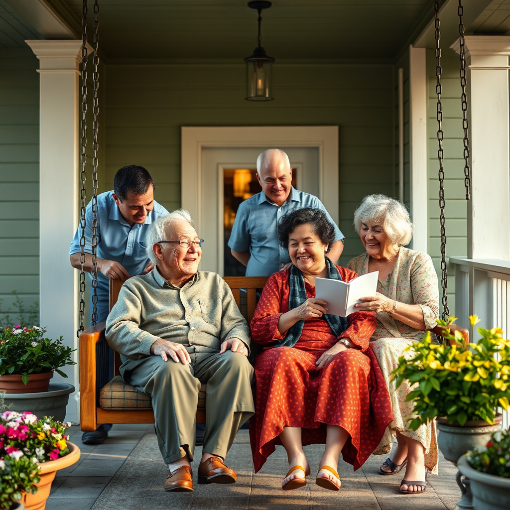 A 4K photorealistic image depicting a multigenerational family scene. An elderly couple is sitting on a porch swing, gently swaying. Their adult children and grandchildren surround them, laughing and sharing stories. A Dominion Elder Care caregiver is subtly present in the background, offering support and assistance with a warm smile. The lighting is soft and golden, suggesting a late afternoon gathering. The color palette is warm and inviting, with shades of green, blue, and gold. The camera angle is slightly wide, capturing the entire family group and the surrounding environment. The porch is decorated with potted flowers and comfortable furniture. The texture details should emphasize the warmth of the scene, including the wrinkles on the elders' faces, the soft fabric of their clothing, and the rough texture of the wooden porch swing. This image should convey a sense of family, love, and support, highlighting the role of Dominion Elder Care in facilitating these precious moments. The style is inspired by heartwarming family portraits, emphasizing genuine emotions and connection. Ensure high quality and sharp focus to capture the details of each individual.