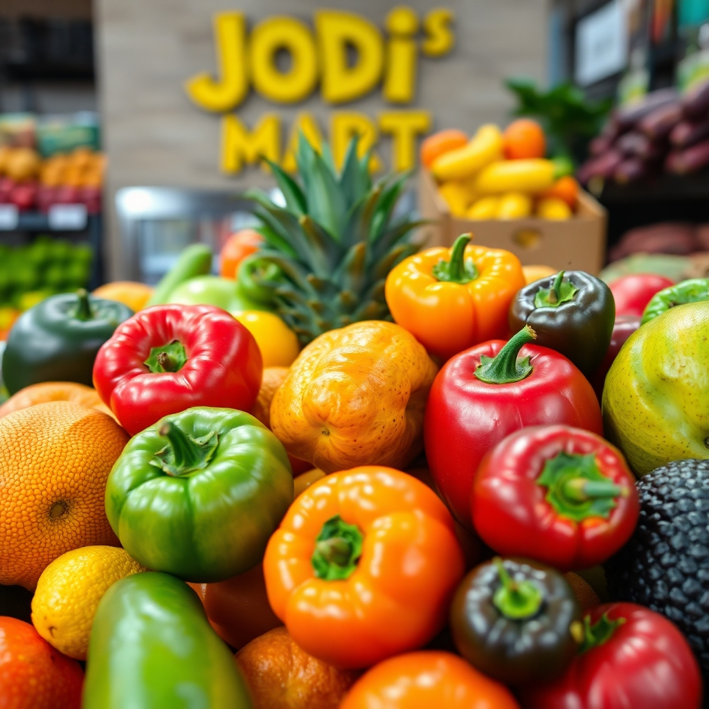 A close-up shot of a variety of fresh African fruits and vegetables, emphasizing their texture and vibrant colors. The background could be a stylized representation of a Jodi's Mart facility or retail space.  Use studio lighting to showcase the quality, 4K resolution and a focus on vibrant hues.