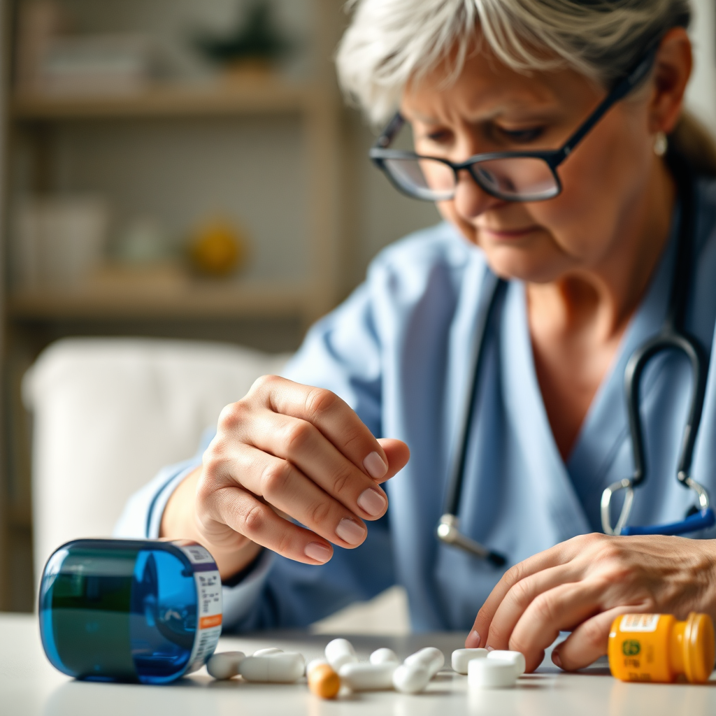 A photorealistic close-up shot of a Dominion Elder Care caregiver carefully organizing medications for a senior. The image uses soft, diffused lighting to emphasize the professionalism and attention to detail. The color palette is clean and calming.