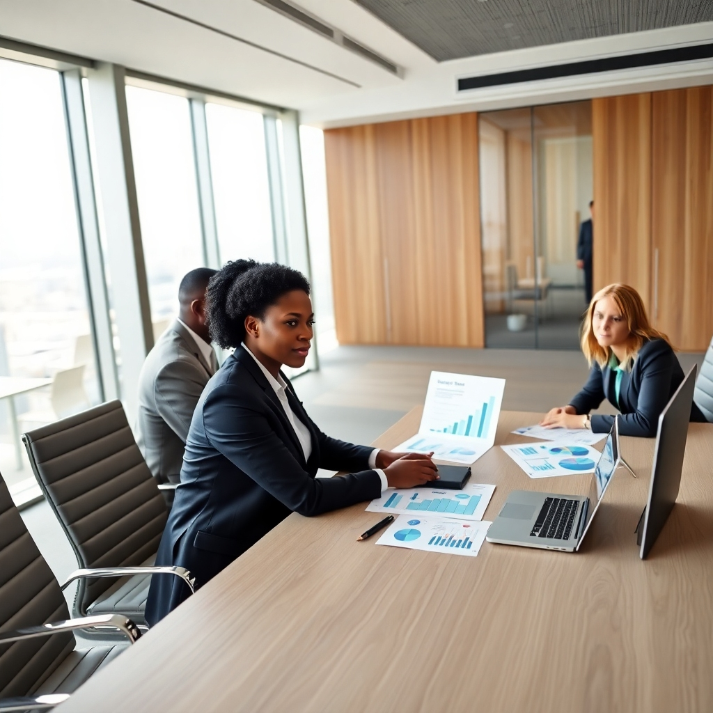 A photorealistic image, 8K resolution, hyperrealistic detail, in the style of Annie Leibovitz.  The image shows Amaka Adindu, dressed in a sharp, modern business suit, seated at a large, minimalist modern desk in a bright, airy office with floor-to-ceiling windows offering a city view.  Soft, diffused natural light streams in from the windows.  She's engaged in a discussion with a diverse group of three business professionals, leaning forward attentively, with various charts and graphs spread out on the desk, including a laptop displaying a strategic plan.  The color palette is clean and modern, with neutral tones, accents of teal, and warm wood tones.  The scene projects confidence, collaboration, and success. The camera angle is slightly elevated, capturing the group from a dynamic perspective.  Textures include the smooth surfaces of the desk, the soft fabric of the clothing, and the crisp paper of the documents.  Materials include high-quality wood, glass, and polished metal. The overall mood is professional, optimistic, and collaborative.