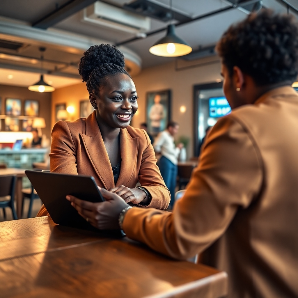 A photorealistic image, ultra-detailed, 8K resolution, in the style of Steve McCurry.  The image depicts Amaka Adindu, dressed in a stylish yet professional outfit, interacting with a client on a laptop showcasing a vibrant and engaging social media feed. They are situated in a cozy, well-lit café with soft, diffused lighting.  The color palette is warm and inviting, using earthy tones with pops of bright color from the social media feed. The camera angle is slightly high, showing Amaka and her client from a slightly elevated perspective.  Textures include the rough texture of the café's wooden table, the soft fabric of the clothing, and the smooth screen of the laptop.  Materials include wood, soft fabrics, and technology. The image projects a welcoming and trustworthy atmosphere. The overall mood is friendly, collaborative, and professional.  The background subtly showcases a busy café, indicating a bustling atmosphere without being distracting.