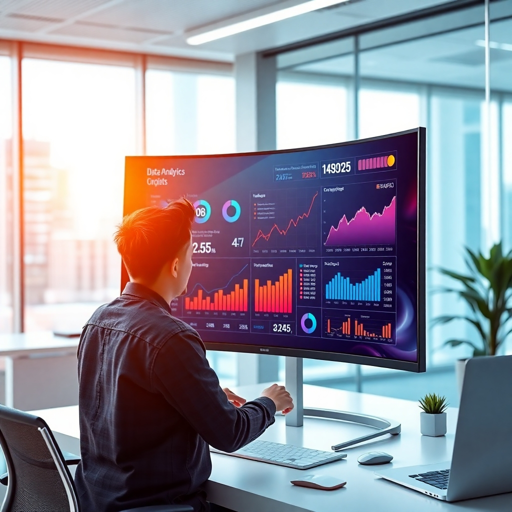 A photorealistic image depicting a person reviewing data analytics on a large, curved monitor in a modern, technologically advanced office.  The monitor displays graphs, charts, and key performance indicators (KPIs) showing positive growth trends. The scene should emphasize clean lines, vibrant colors, and a feeling of efficiency and precision.