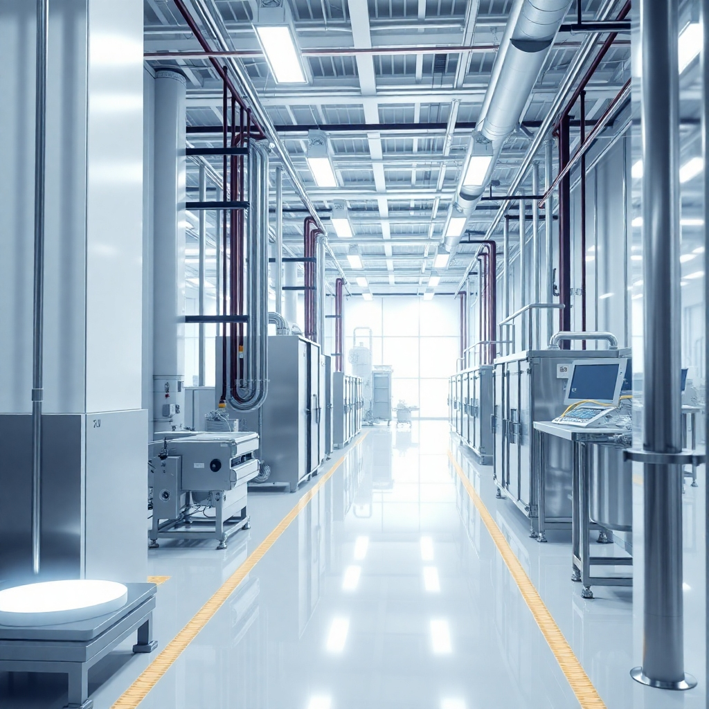 A photorealistic image depicting a modern processing plant, showcasing cleanliness and advanced technology. Use sharp lighting and a cool color palette to show a sense of sophistication and precision. 4K resolution.