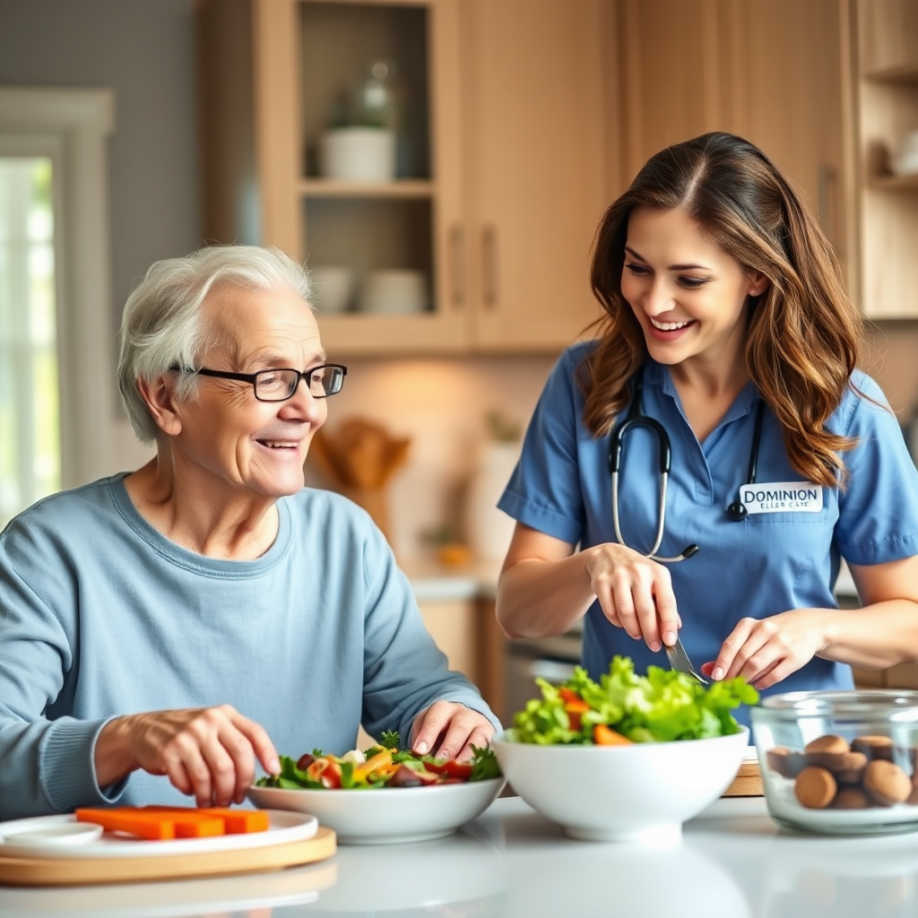 A photorealistic image depicting a Dominion Elder Care caregiver preparing a healthy meal for a senior in their home kitchen. The kitchen is clean and well-lit. The scene shows the caregiver smiling and the senior looking happy and engaged.