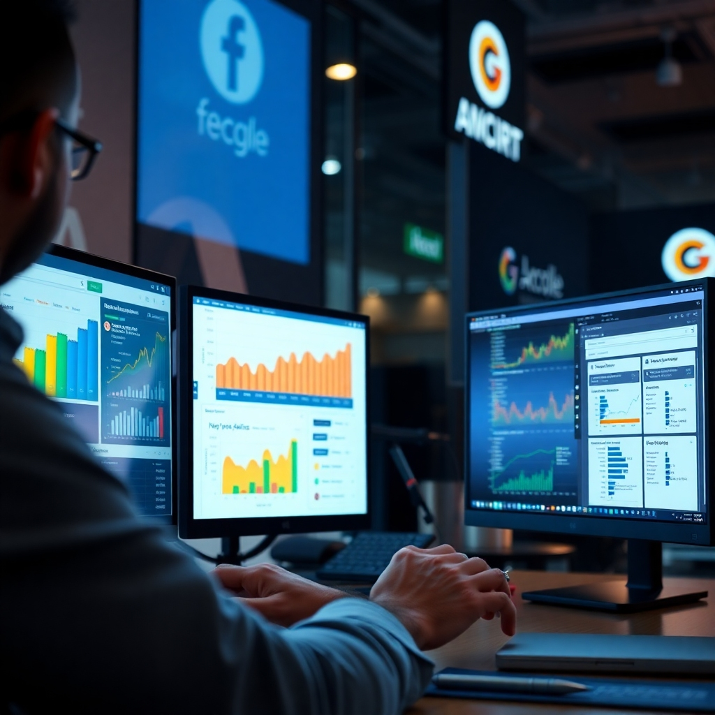 A photorealistic image depicting a person skillfully using various digital marketing tools and platforms simultaneously on multiple screens, such as Google Analytics, social media dashboards, and email marketing software.  The background should suggest a modern, tech-savvy workspace with subtle branding elements, symbolizing efficient digital marketing. The image should focus on the intricate detail of the software interfaces and data visualizations.