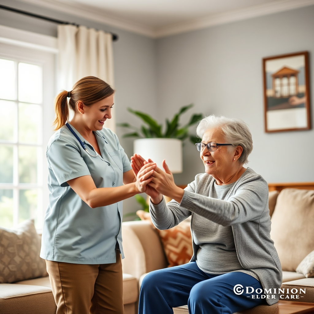 A photorealistic image depicting a Dominion Elder Care professional helping a senior with light exercise in their living room. The scene is well-lit and comfortable, showing a supportive and encouraging atmosphere.