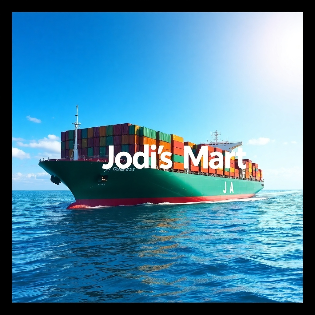 A photorealistic image depicting a container ship transporting goods, with the Jodi's Mart logo subtly integrated. The image should have a bright, vibrant atmosphere that shows a sense of global trade and logistics. 4K resolution.