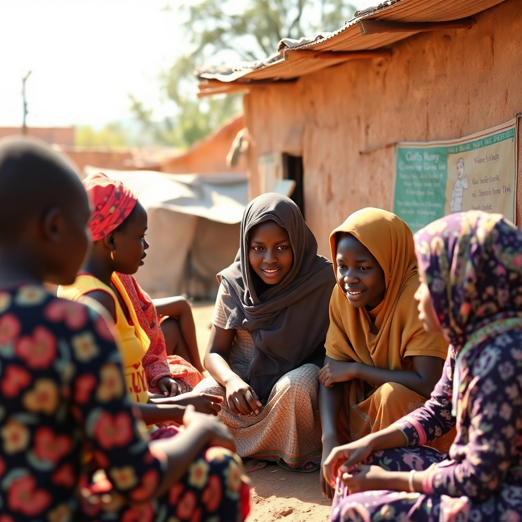 A photorealistic image focusing on community development projects supported by Jodi's Mart. It could showcase the local community thriving. Use warm, natural lighting with 4K resolution, and a focus on human interaction.