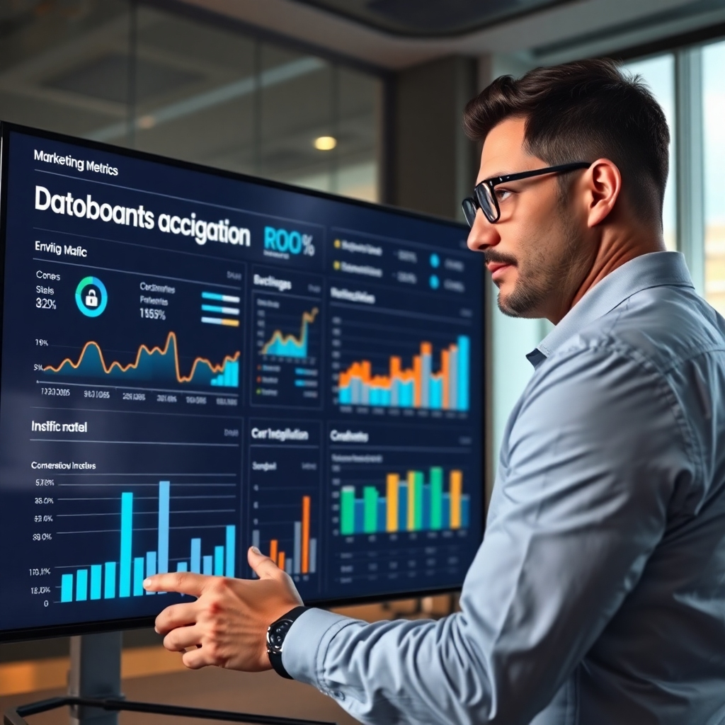 A photorealistic image of a businessperson reviewing a comprehensive dashboard of key marketing metrics and analytics on a large screen, showcasing detailed charts and graphs illustrating website traffic, conversion rates, customer acquisition costs and ROI. The setting should be a modern office with a professional atmosphere. The expressions should convey insightful analysis and decisive action, emphasizing data-driven decision making.