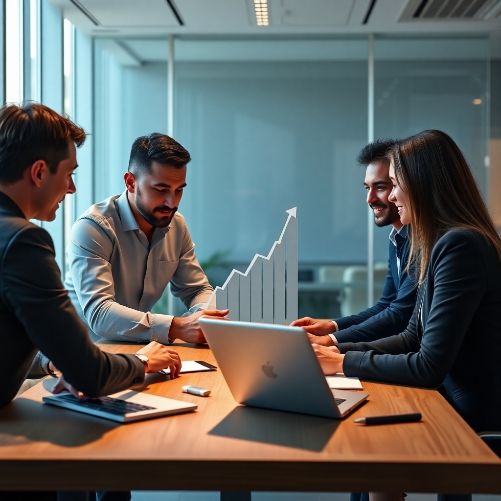 A photorealistic image of a business team collaborating around a table, looking at a laptop displaying a dynamic graph showing upward growth. The scene should be bright, modern, and professional, with a subtle emphasis on teamwork and data analysis. The overall mood is positive and confident, representing strategic planning and achievement.