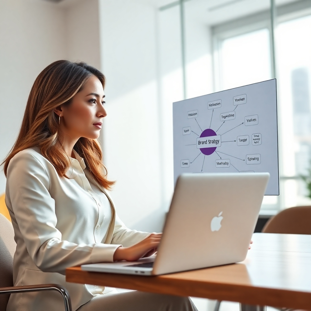 A photorealistic image of a confident businesswoman in a modern office, looking thoughtfully at a laptop screen displaying a brand strategy mind map with keywords like 'mission', 'vision', 'values', and 'target audience'. The office should be bright and minimalist, with natural light streaming through a large window.  The overall mood should be one of focused determination and strategic planning.