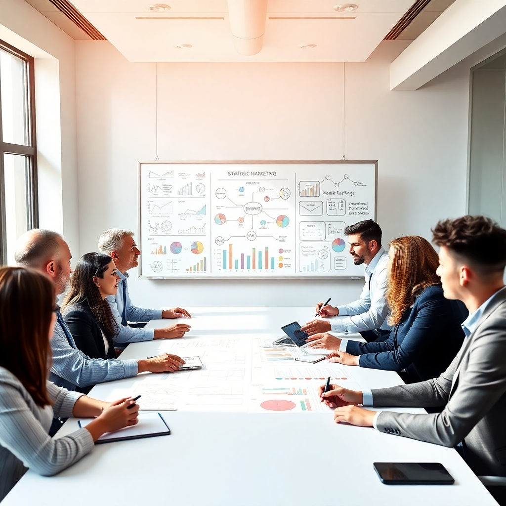 A photorealistic image of a diverse team of business professionals collaborating around a large table, brainstorming ideas on a whiteboard filled with charts, graphs, and strategic marketing keywords. The setting should be modern and bright, with natural light streaming in.  The mood should be energetic and collaborative, conveying a sense of strategic planning and innovative thinking. The image should be highly detailed, showing individual expressions of focus and excitement.