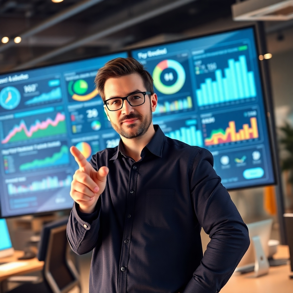 A photorealistic image of a digital marketing coach pointing at a large screen displaying complex data visualizations and key performance indicators. The coach should have a confident and focused expression, while the background subtly shows a busy office environment, symbolizing data-driven decision making and insightful analysis.