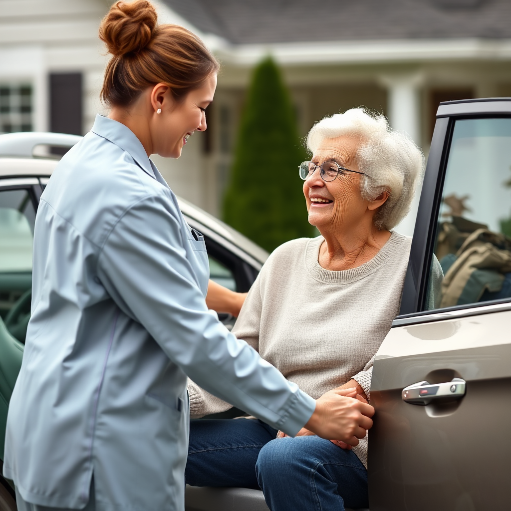 A photorealistic image of a Dominion Elder Care caregiver assisting a senior into a car for an appointment. The senior is smiling and looks comfortable. The scene is set in front of a well-maintained home.