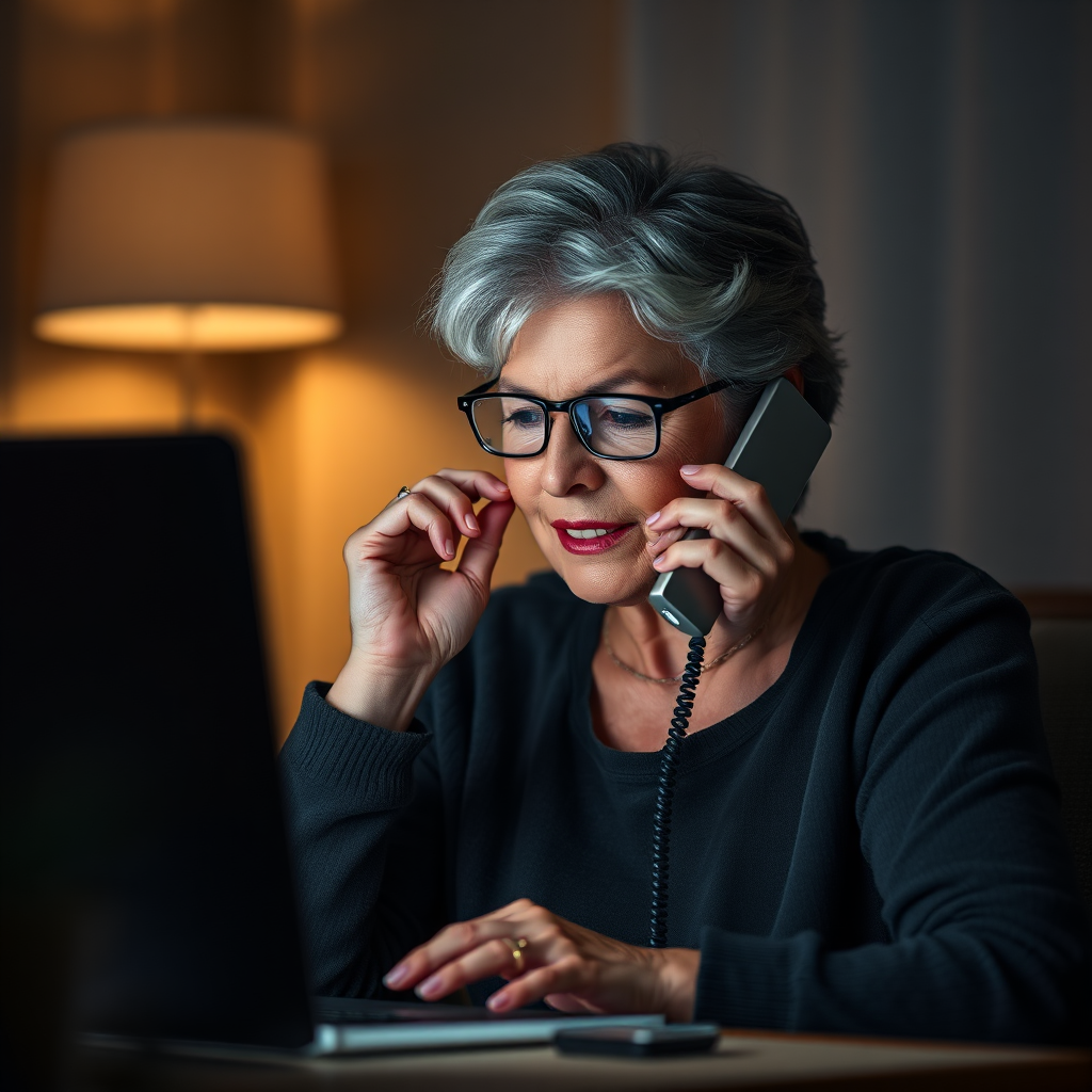 A photorealistic image of a Dominion Elder Care team member answering a phone call late at night. The image uses soft, calming lighting to convey a sense of reassurance and support.