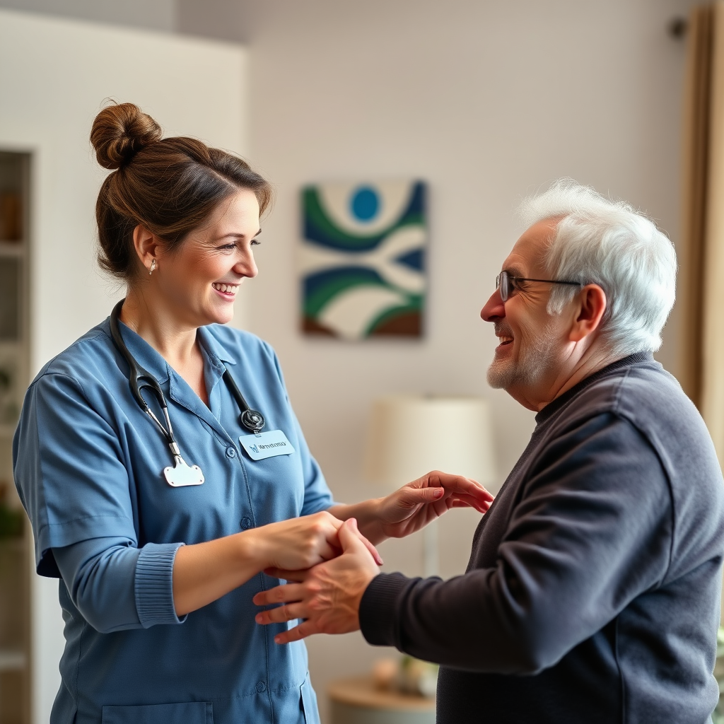 A photorealistic image of a Dominion Elder Care caregiver assisting an elderly man with his morning routine in his home. The caregiver is smiling gently and making eye contact. The room is well-lit and inviting. The image uses soft, neutral colors.