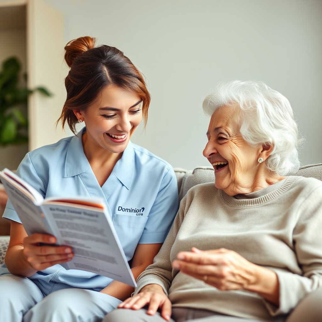 A photorealistic image of a Dominion Elder Care caregiver reading aloud to an elderly woman, both smiling and engaged in the activity. The scene conveys warmth, companionship, and cognitive stimulation.