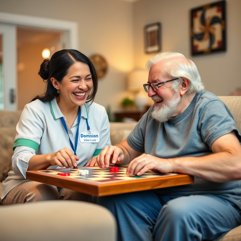A photorealistic image of a Dominion Elder Care caregiver and a senior playing a board game together, laughing and enjoying each other's company. The setting is in a cozy living room with warm, inviting lighting.
