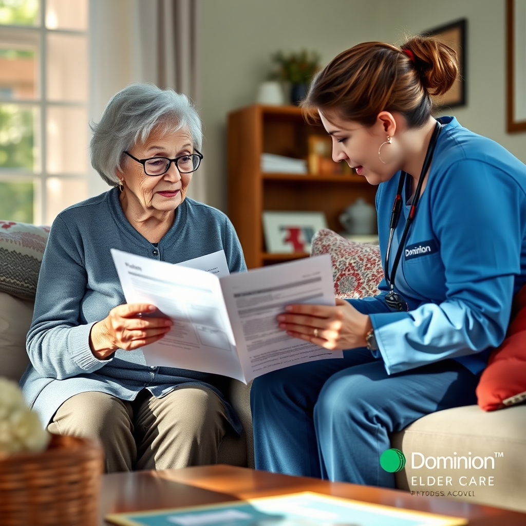 A photorealistic image of a Dominion Elder Care professional reviewing a care plan with an elderly woman in her cozy home. The scene is lit with natural light, highlighting the detailed plan. The woman looks engaged and comfortable, suggesting a collaborative approach. The image uses a warm, inviting color palette.