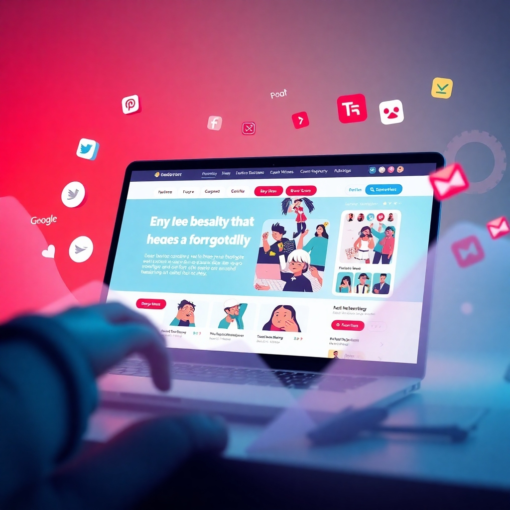 A photorealistic image of a vibrant and modern website interface, showcasing an engaging brand story with high-quality visuals and compelling content.  The image should also subtly incorporate social media icons and various online platforms, symbolizing increased brand visibility and online engagement. The mood should be energetic, creative, and visually appealing.
