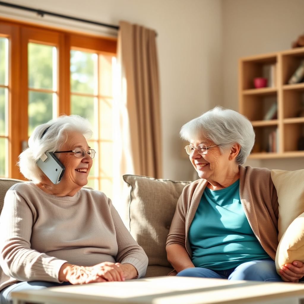 A photorealistic image of an adult daughter talking on the phone, receiving an update from a Dominion Elder Care team member while visiting her elderly mother. All parties are smiling and appear relaxed. The setting is in the senior's sunlit living room. The image uses bright, cheerful colors.