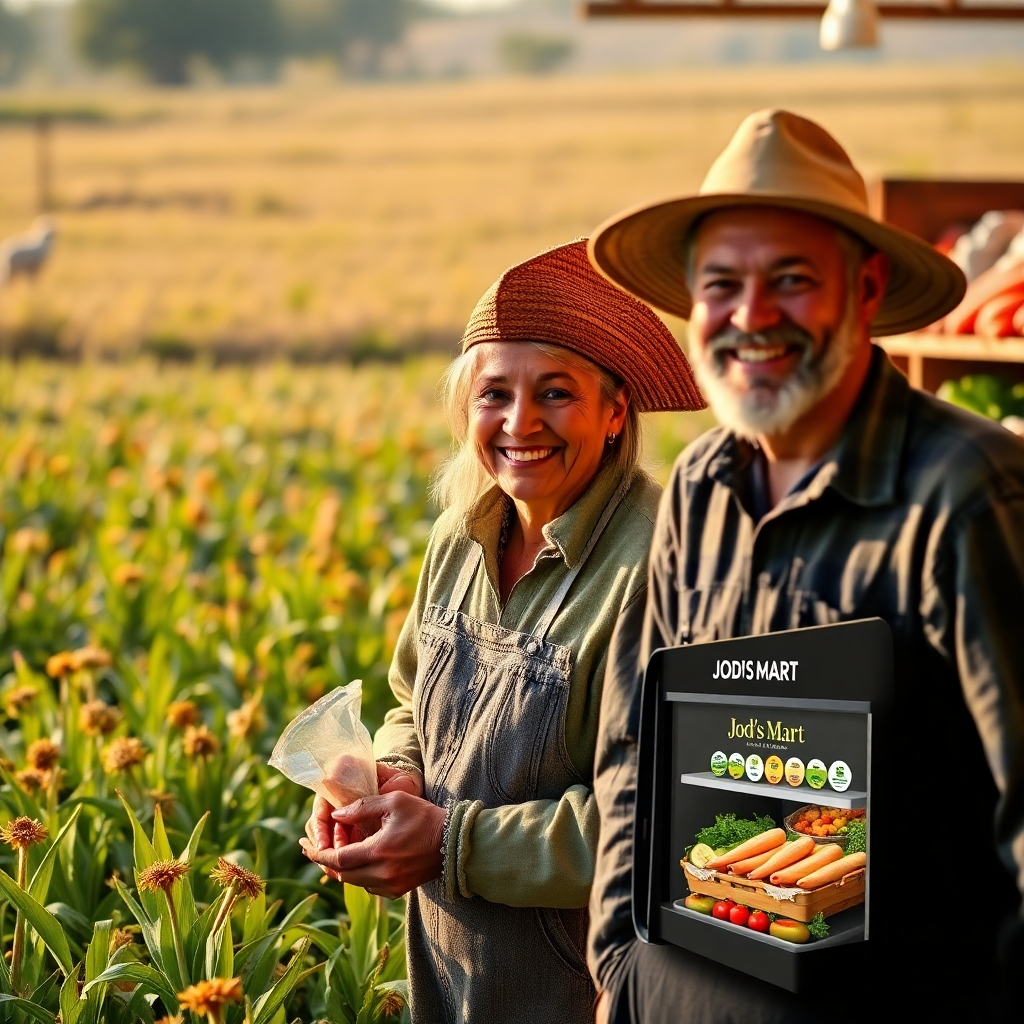 A photorealistic image of happy farmers in a field, showcasing ethical labor practices. The image could have a warm, natural light setting. The image should also include a shot of the final product in a Jodi's Mart store, demonstrating the journey from farm to table. 4K resolution.