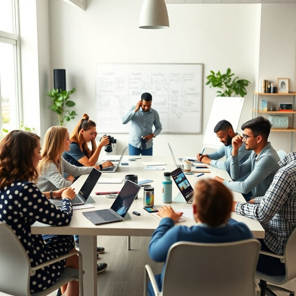 A photorealistic image showing a diverse group of people collaboratively creating content around a large table in a bright and creative workspace.  The scene should include elements representing various content formats such as laptops, smartphones, cameras, notebooks, and a whiteboard filled with ideas.  The image should convey a sense of teamwork, innovation, and creative energy.