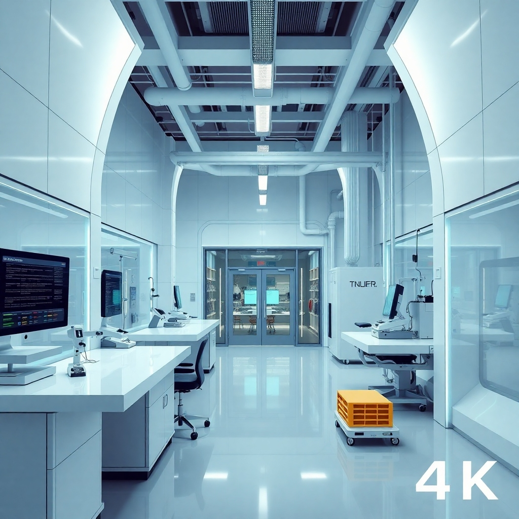 A photorealistic or illustrative image showcasing a state-of-the-art facility utilizing technology and modern practices. The style can be sleek and minimalist, employing bright colors and sharp lines to show innovation. 4K resolution, emphasizing modernity.