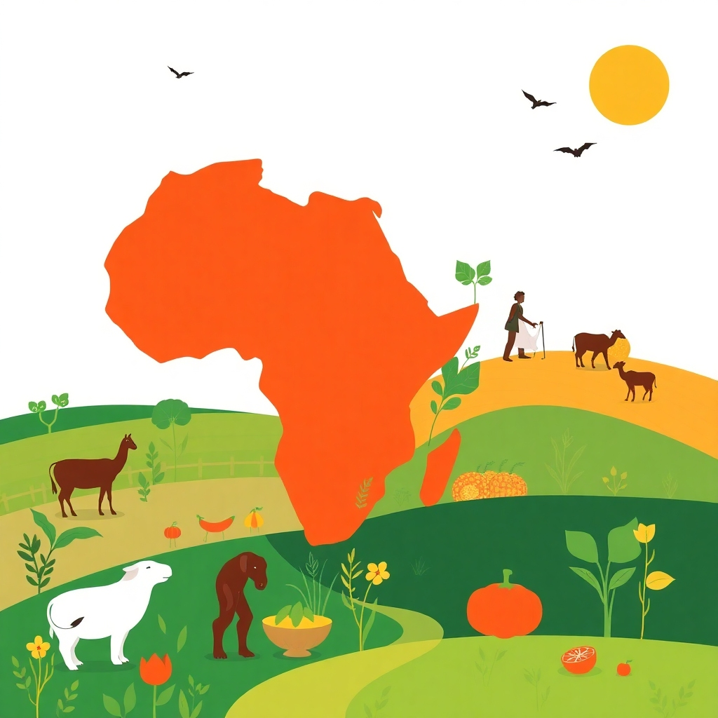 A stylized image showcasing the journey of African food from farm to table using a combination of photography and illustration. The style could be modern and minimalistic, using vibrant colors and clean lines, with a 4K resolution. Focus on highlighting the freshness and authenticity.