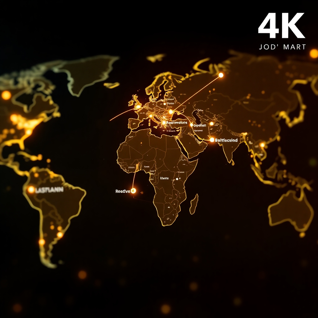 An image showing a world map with highlighted routes and locations of Jodi's Mart operations. A futuristic style would be suitable. The image could use a glowing effect to represent global interconnectedness. The focus should be on the seamless movement of goods from origin to destination, utilizing a 4K resolution.