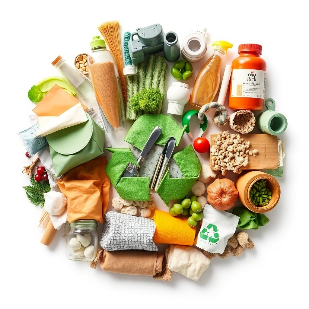 Create a collage of various recycled materials transformed into new products, showing the diversity of potential applications.  The style should be clean and modern, using a combination of photorealistic and stylized elements to make it visually engaging. The lighting should be bright and consistent throughout the collage.