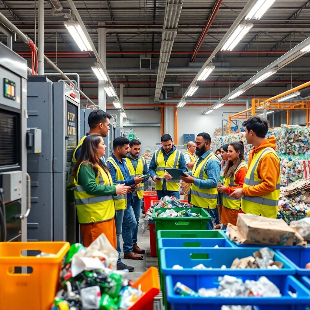 Create a photorealistic 4K image depicting a diverse group of people collaborating in a modern, well-lit recycling facility. The scene should emphasize teamwork and the innovative technology they use.  The color palette should be bright and optimistic, featuring earth tones alongside accents of vibrant blues and greens representing sustainability and technology.  The composition should be dynamic, showing people interacting with the machinery and sorting materials. Texture details are important: show the contrast between smooth, high-tech equipment and the varied textures of recyclable materials. The lighting should be even and bright, highlighting the positive and collaborative atmosphere. The camera angle should be slightly elevated to provide a comprehensive overview of the scene, inspired by documentary photography focusing on environmental initiatives. Include relevant props such as advanced sorting machines, clearly labeled recycling containers, and protective gear worn by workers. The overall style should be clean, crisp and inspirational, reflecting the positive impact of the organization's work.