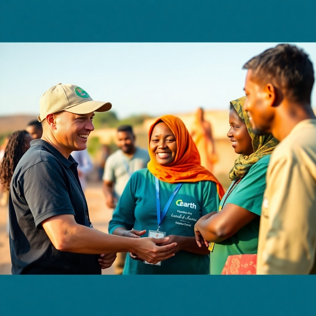 Create a photorealistic image depicting Earth Serve staff interacting positively with members of a local community. Use warm lighting and emphasize collaboration and genuine interaction. The image should show how the project impacts the people and the environment.