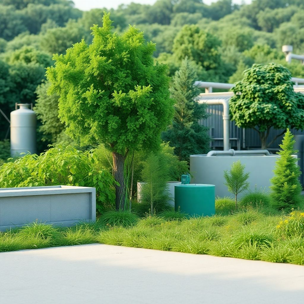 Create a photorealistic image depicting lush greenery growing around a recycling center, clearly indicating environmental restoration. The color palette should be natural, with vibrant greens representing nature's recovery.  The composition should show the harmony between the industrial facility and its surrounding environment. The lighting should be soft, creating a tranquil and peaceful mood. The textures should focus on the details of the plants and trees, alongside the facility's clean lines and surfaces.