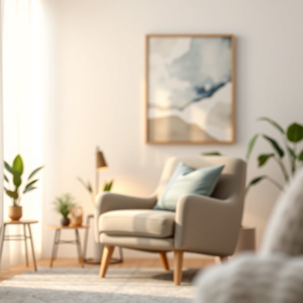 Create a photorealistic, ultra-high quality header image for Current Health Care Affairs LLC., a counseling service focused on personalized mental health support. The image should depict a serene and supportive environment, such as a warmly lit, comfortable room with soft textures and calming colors (blues, greens, and soft grays). The focus should be on conveying empathy and understanding. Consider including subtle elements like plants, soft lighting, and abstract art that evokes a sense of peace and healing. A blurred, warm light source could subtly backlight a comfortable chair, suggesting a safe space for reflection. Avoid depicting faces directly; instead, focus on creating an atmosphere of quiet support. Camera angle should be slightly low, looking up to emphasize the feeling of safety and openness. Render in 8K resolution with hyperrealistic details.