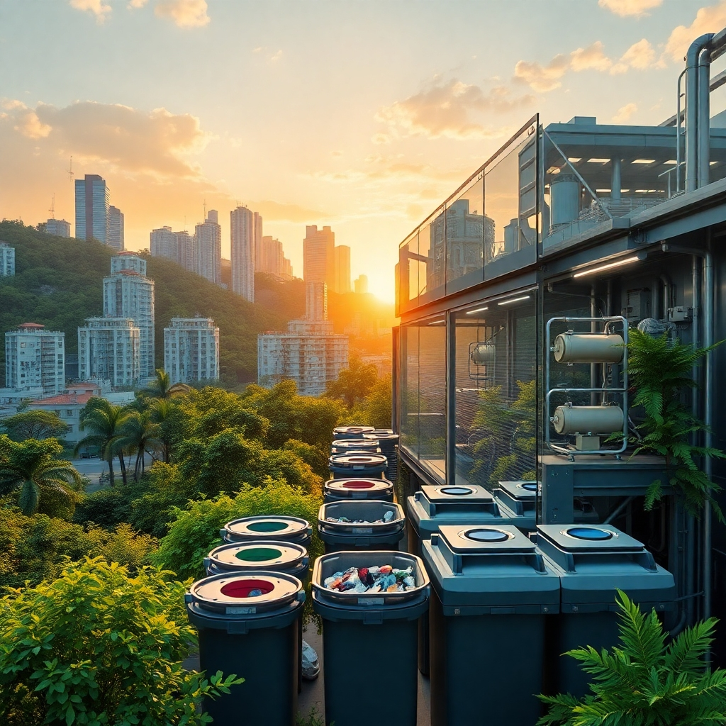 Create a photorealistic, ultra-high-quality 8K resolution image. The scene should depict a vibrant urban landscape seamlessly integrated with lush greenery.  In the foreground, a modern recycling facility is shown, sleek and technologically advanced, with workers efficiently sorting and processing materials.  The facility is partially transparent, allowing visibility into the inner workings.  The lighting should be bright and natural, with a warm, inviting glow at sunset. The color palette should consist of earth tones (greens, browns) combined with futuristic elements of steel grey and bright blues representing innovation and technology. The camera angle should be a wide shot, showcasing the integration of nature and technology. Texture details should be highly realistic, from the rough texture of recycled materials to the smooth surfaces of the machinery. Relevant props include clearly visible recycling bins with different color-coded openings, showcasing diverse materials being collected.   The style should be reminiscent of high-end architectural photography, with a focus on clean lines and symmetry, drawing inspiration from the works of renowned architectural photographers such as Iwan Baan. The overall impression should convey a sense of hope, progress, and harmony between human development and environmental responsibility.  The image must be hyperrealistic, with extraordinary detail and clarity.