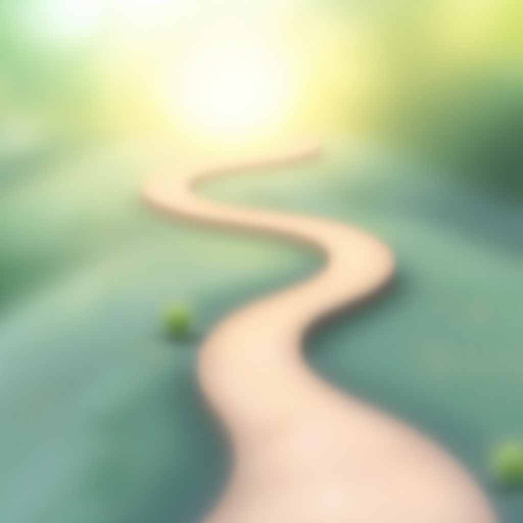 Create a stylized image representing the personalized approach of Current Health Care Affairs LLC. Imagine a winding path, slightly blurred, leading towards a bright, open space filled with warm, inviting light. Along the path are subtle visual cues representing different emotional states (e.g., a small, stylized rain cloud gradually dissipating). The overall color palette should be calming and hopeful, using soft blues, greens, and yellows. The style should be slightly abstract, evoking a sense of journey and transformation. Consider including a subtle, stylized representation of interconnectedness to symbolize the support offered. Render in 4K resolution with high quality details.